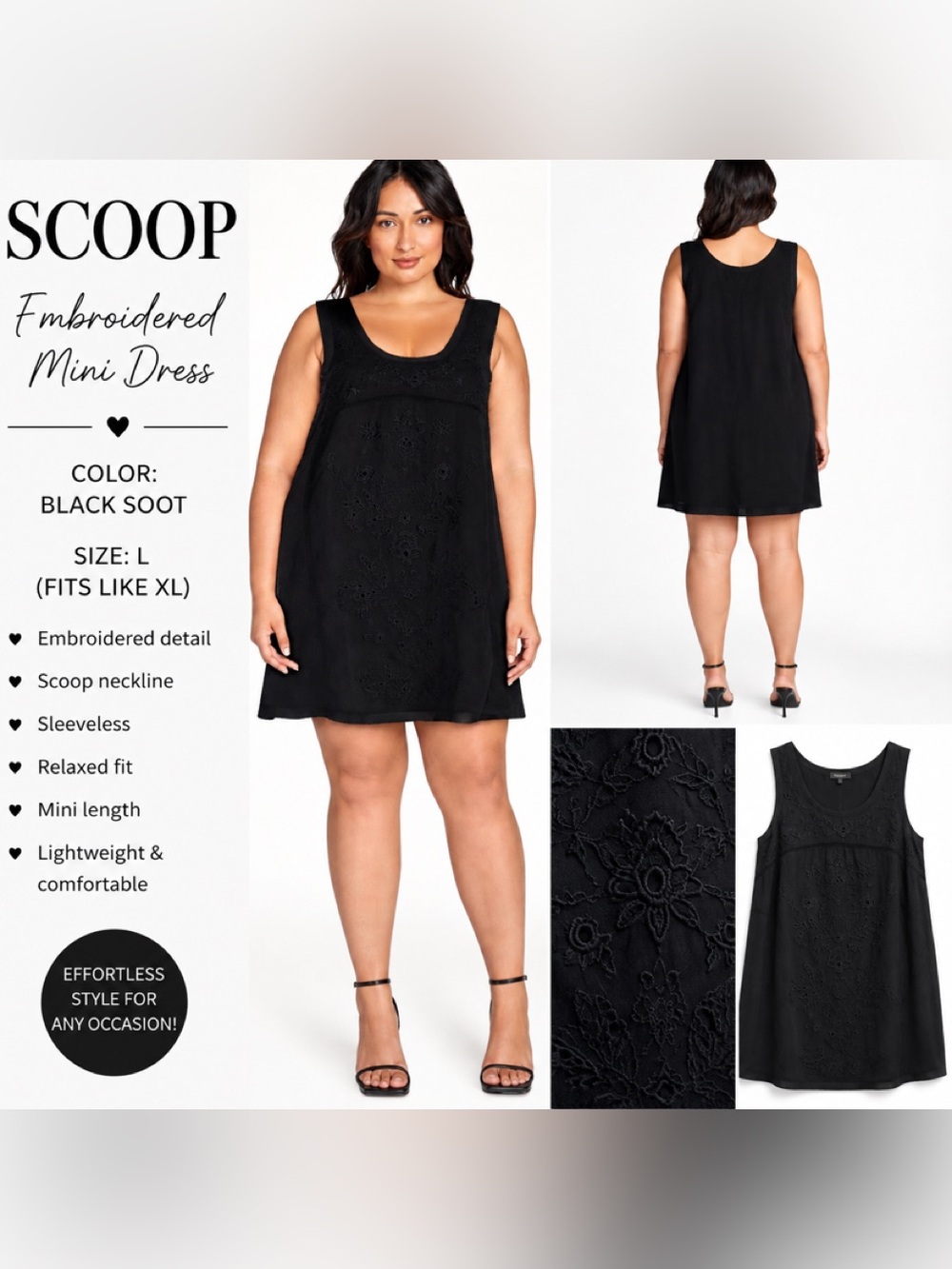 NWT Scoop Embroidered Black Mini Dress — Sleeveless A-Line